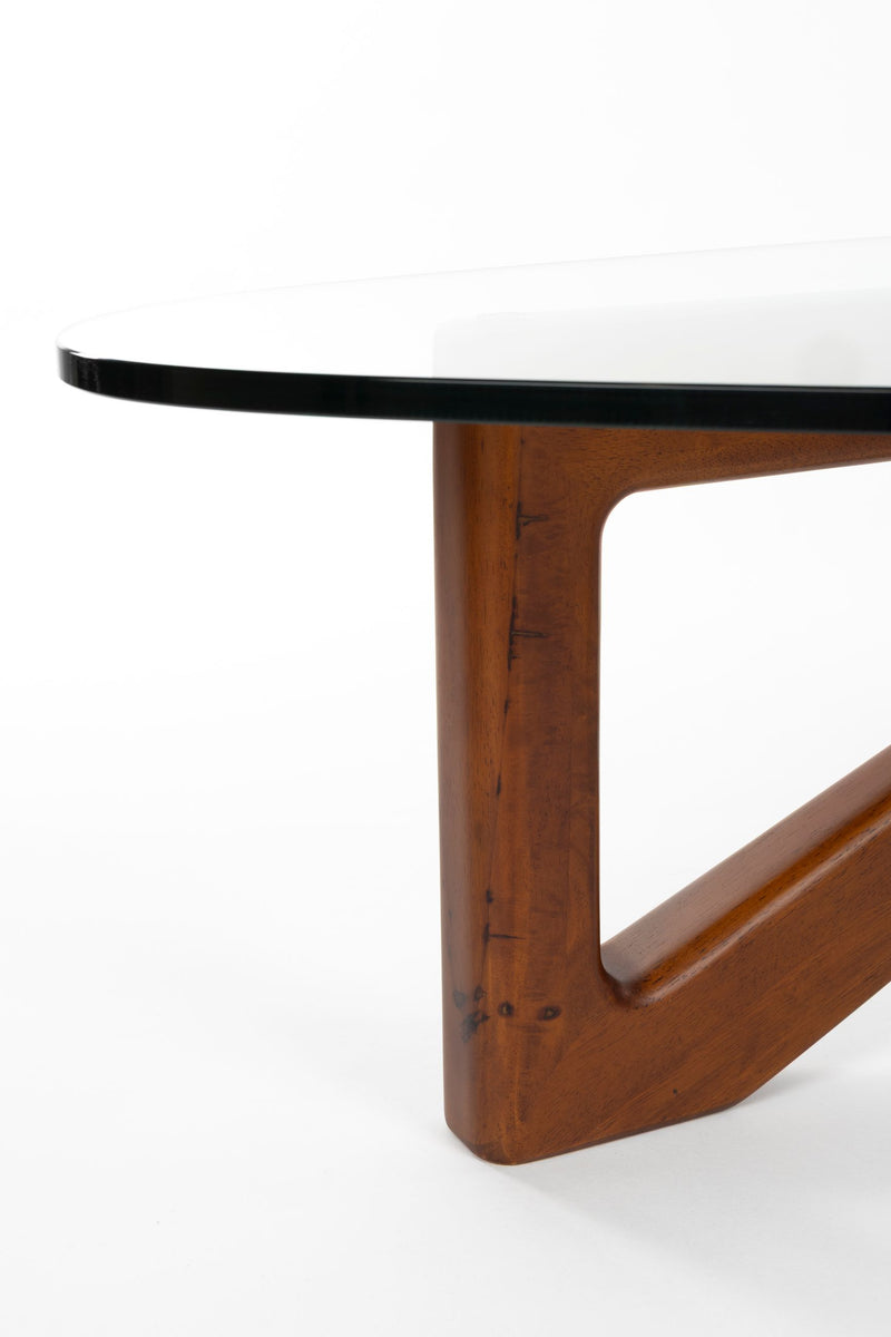 Couchtisch Norwin mit organischer Glasplatte und Holzgestell