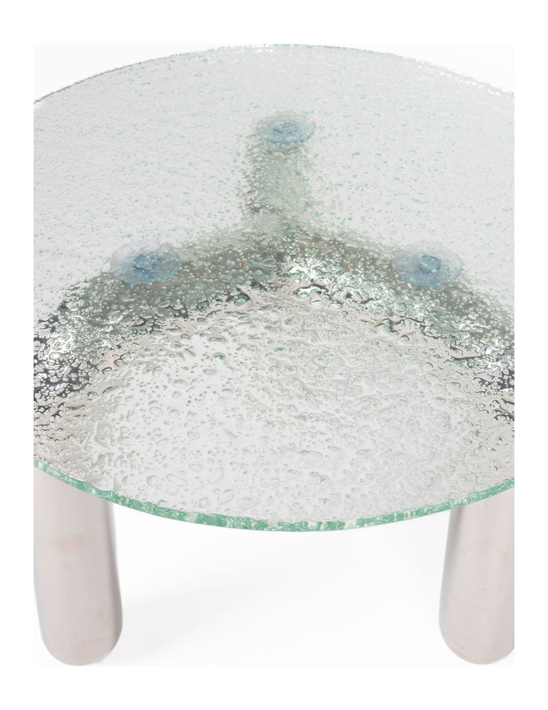 Couchtisch Marly rund, Silber mit Sicherheitsglas im Retro-Design