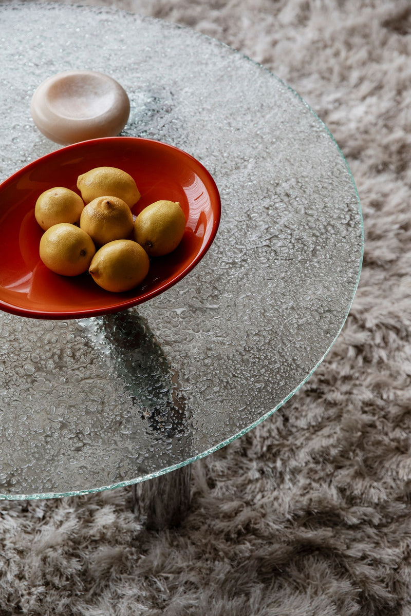 Couchtisch Marly rund, Silber mit Sicherheitsglas im Retro-Design