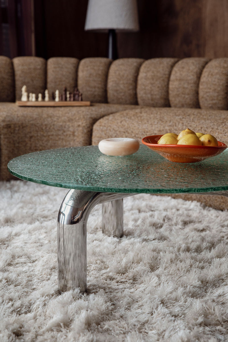 Couchtisch Marly rund, Silber mit Sicherheitsglas im Retro-Design