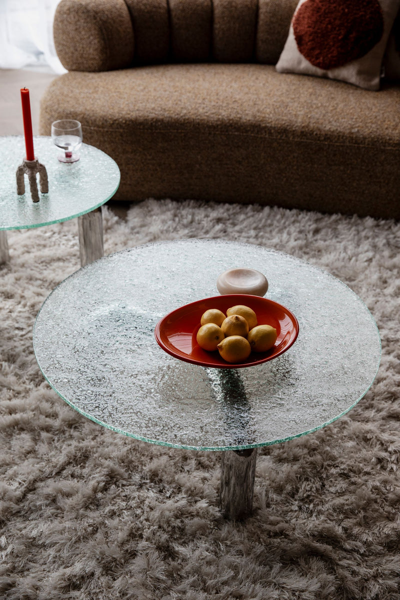 Couchtisch Marly rund, Silber mit Sicherheitsglas im Retro-Design