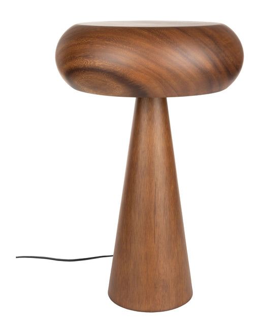 Tischlampe Morel M mit organisch geformtem Schirm aus Eisen und kegelförmigem Gestell aus Akazienfurnier in Braun.
