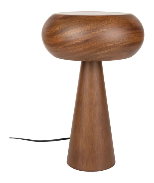 Tischlampe Morel S aus Akazienholz mit ovalem Schirm und konischem Gestell in Braun, Gesamtansicht.