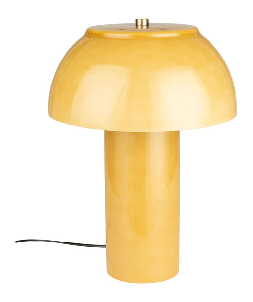 Tischlampe Morvan Dutchbone in Gelb mit Gesamtansicht: halbkugelige Schirmform und zylindrischer Fuß.