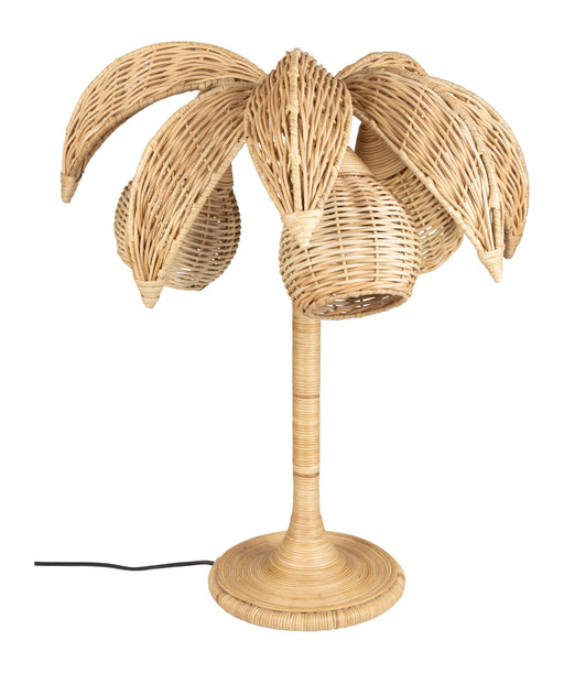 Tischlampe Palmtree Gesamtansicht mit drei geflochtenem Rattan-Blättern auf rundem Fuß und schwarzem Stromkabel.