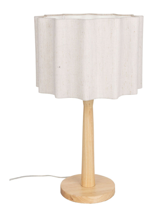 Tischlampe Scallop Dutchbone mit beige-cremefarbenem Jute-Lampenschirm und Gummibaumholz-Fuß, Gesamtansicht.