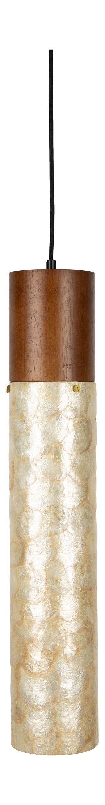 Pendelleuchte Beam mit zylindrischem Acrylschirm in Beige und Holzgestell in Eichenoptik, Gesamtansicht.