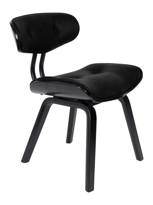Esszimmerstuhl Blackwood in Schwarz mit geschwungenem Rückenlehnen-Polster und schwarzem Holzgestell in Gesamtansicht.