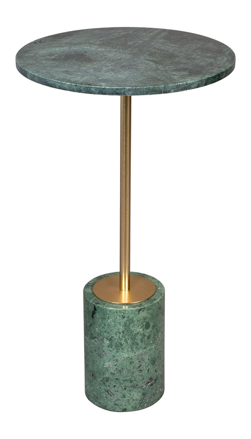 Beistelltisch Gunnar Dutchbone mit runder grüner Marmorplatte und zylindrischem Sockel mit goldenem Schaft.