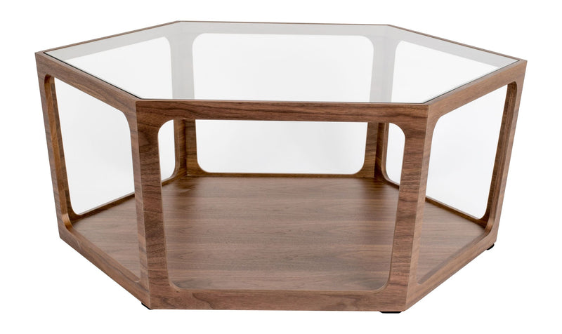 Couchtisch Sita im Vintage-Design mit Glasplatte und Nussbaumfurnier