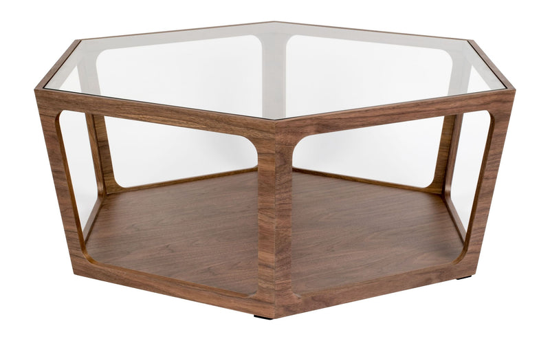 Couchtisch Sita im Vintage-Design mit Glasplatte und Nussbaumfurnier