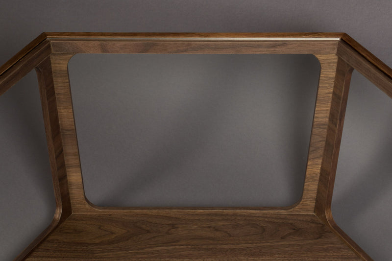 Couchtisch Sita im Vintage-Design mit Glasplatte und Nussbaumfurnier