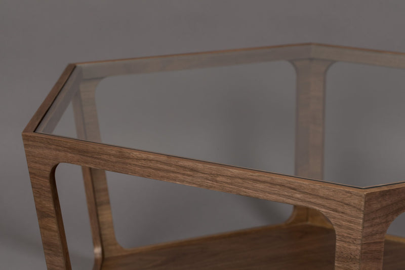 Couchtisch Sita im Vintage-Design mit Glasplatte und Nussbaumfurnier