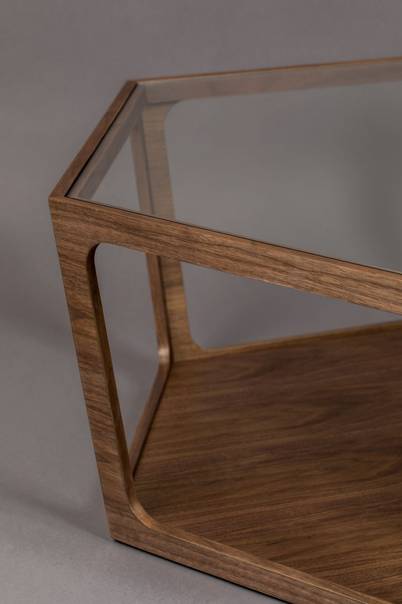 Couchtisch Sita im Vintage-Design mit Glasplatte und Nussbaumfurnier