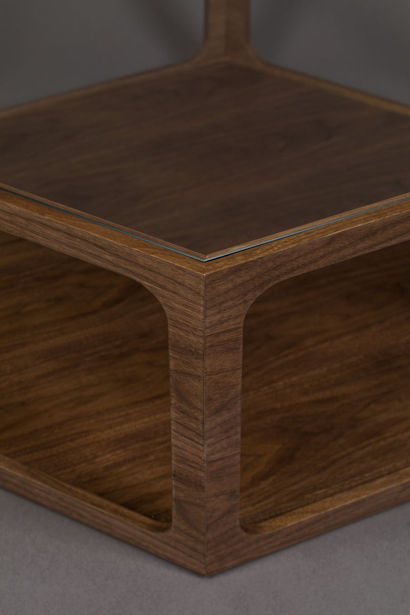 Couchtisch Sita im Vintage-Design mit Glasplatte und Nussbaumfurnier