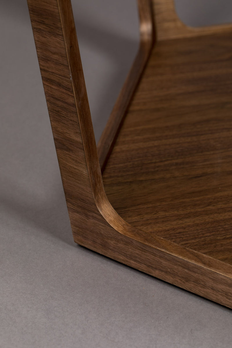 Couchtisch Sita im Vintage-Design mit Glasplatte und Nussbaumfurnier