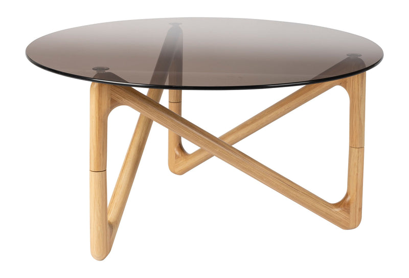 Couchtisch Naia mit Glasplatte und Eichenholzgestell, Boho-Chic