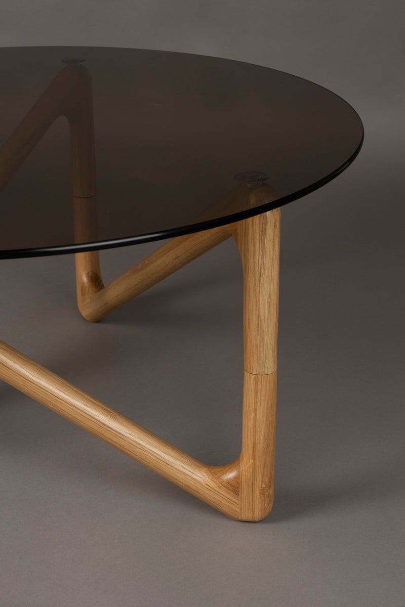 Couchtisch Naia mit Glasplatte und Eichenholzgestell, Boho-Chic