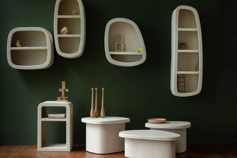 Beistelltisch Veda Low aus recyceltem Marmor in Beige, Boho-Chic Stil