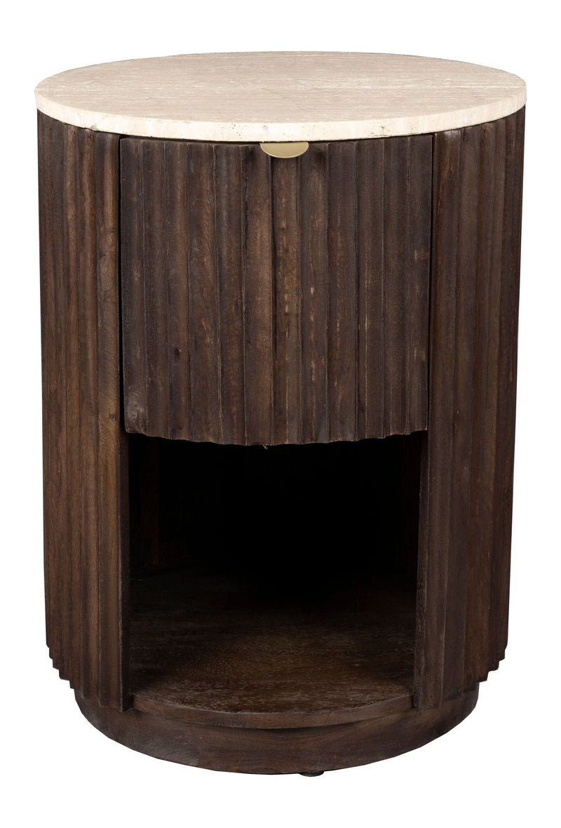 Beistelltisch Marlow mit Schublade, Travertin & Mangoholz im Boho-Stil