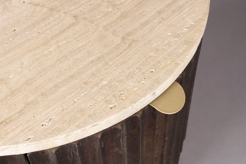 Beistelltisch Marlow mit Schublade, Travertin & Mangoholz im Boho-Stil