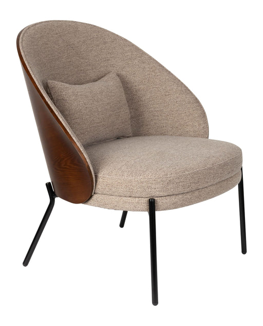 Loungesessel Rodin in Beige mit geschwungenem Eschenholz-Rückenteil und schwarzen Metallbeinen, Gesamtansicht.