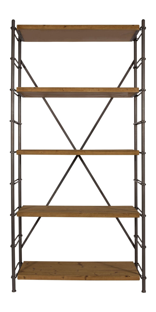 Regal Shelf Iron von Dutchbone mit fünf Fichtenholz-Ablagen und schwarzem Eisengestell mit X-Kreuzbändern, Frontansicht.