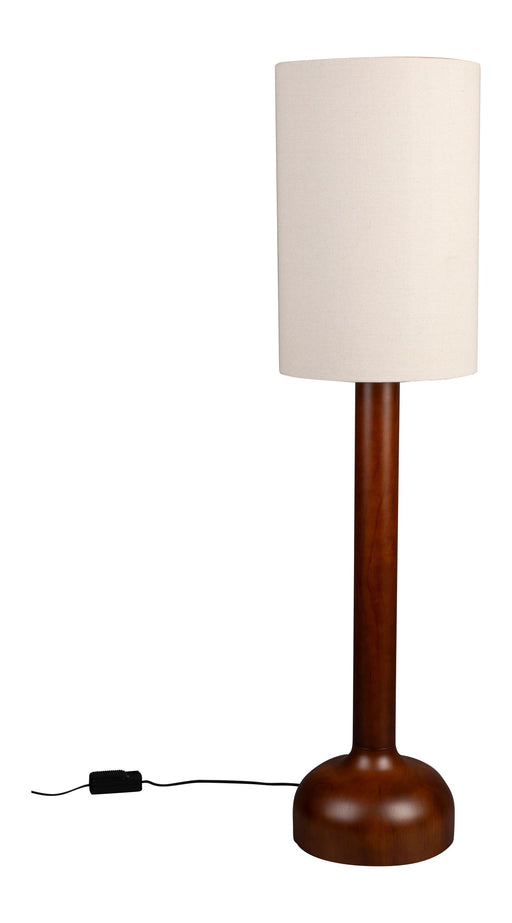 Stehlampe Jones von Dutchbone mit beigem Leinenschirm und Gestell aus Gummibaumholz, Gesamtansicht.