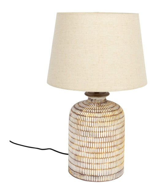 Tischlampe Russel mit Keramikfuß in Flechtoptik und cremefarbenem Leinenschirm in Gesamtansicht.