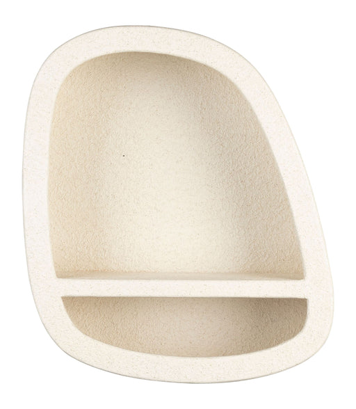 Wandregal Veda aus recyceltem Marmor in Beige mit zwei Fächern und abgerundeten Kanten, Gesamtansicht von vorne.