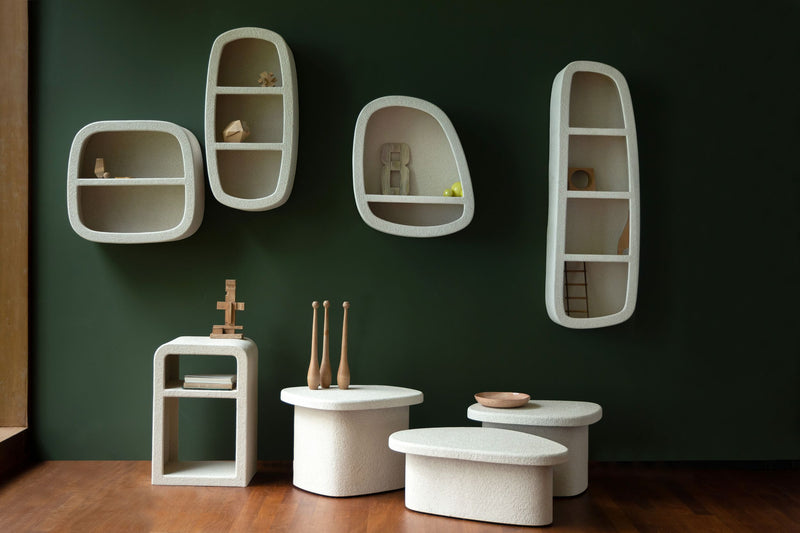 Wandregal Veda mit 3 Ablagen aus recyceltem Marmor in Beige/Natur