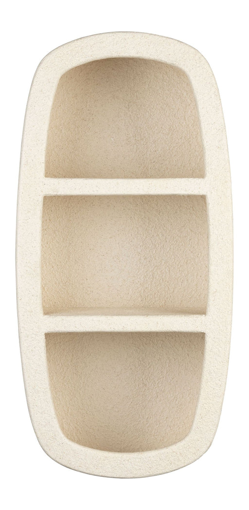 Wandregal Veda mit 2 Böden aus recyceltem Marmor in Beige, Gesamtansicht von vorne mit drei Ablagefächern.