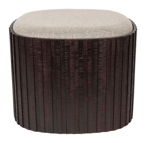 Sitzpouf Bay von Dutchbone mit gerillter Teakholz-Basis in Walnuss-Braun und graubeigem Polstersitz in Gesamtansicht.