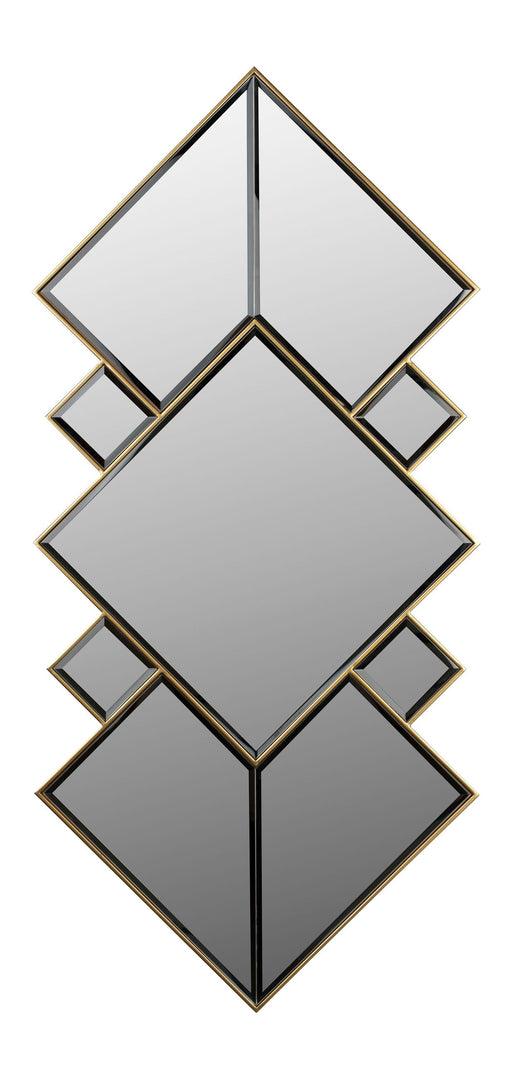 Wandspiegel Miyu Dutchbone Gold mit drei übereinander angeordneten Rautenformen und seitlichen Kleinspiegeln.