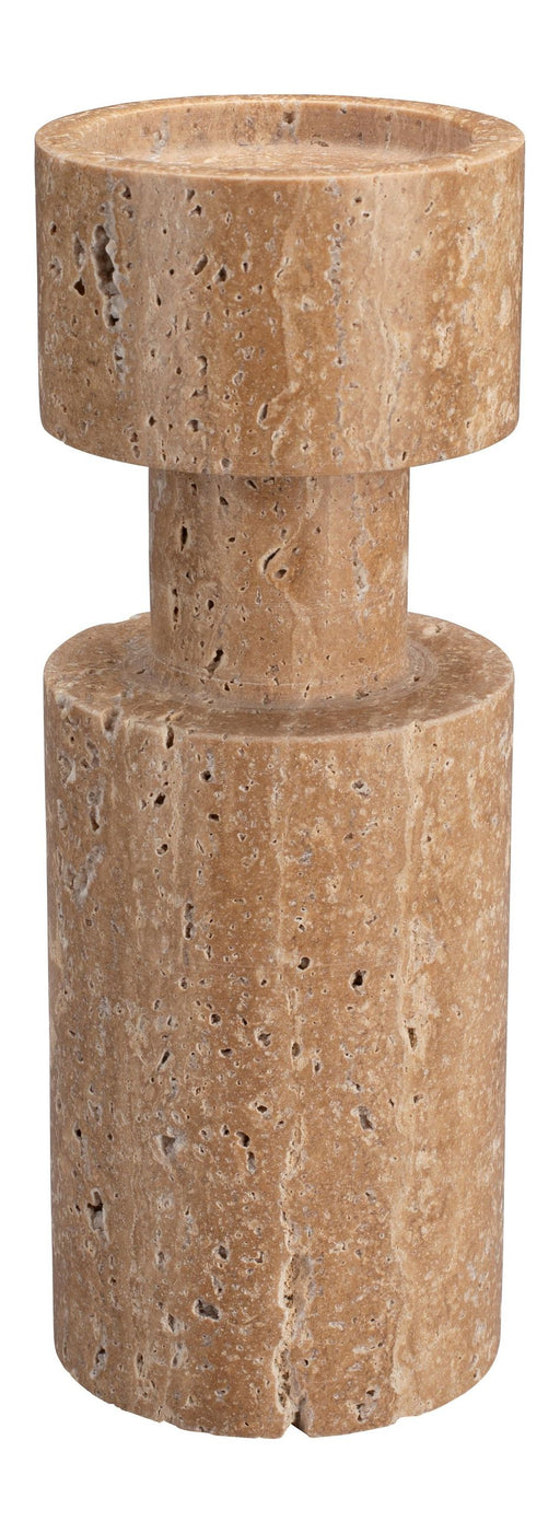 Kerzenständer Paros Beige aus Massivmarmor mit zylindrischem Sockel und rundem Tablett, Gesamtansicht.