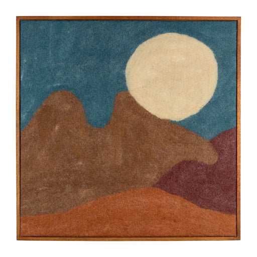Wandbild Chandra mit abstracter Berglandschaft unter Vollmond, Filzbezug in Braun- und Blautönen mit Mangoholzrahmen.