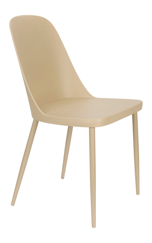 Esszimmerstuhl Pip in Beige mit hoher Rückenlehne und schlankem Stahlgestell, Gesamtansicht.