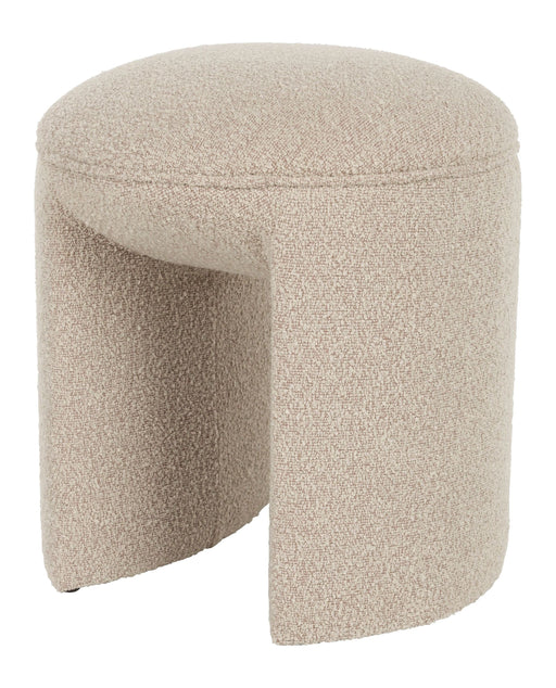 Hocker Noxx in Beige mit gerundeter Form und ausgeschnittenem Seitenteil, Gesamtansicht.