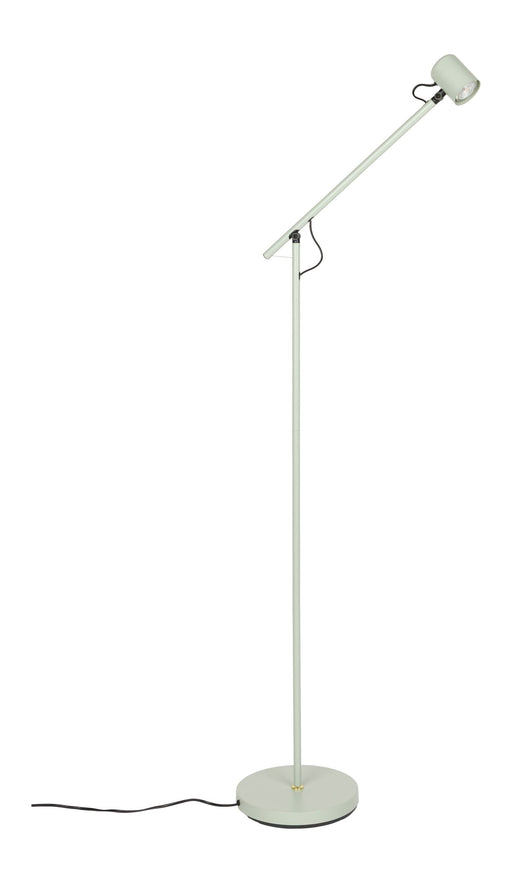 Stehlampe Aero in Grün mit schwenkbarem Lampenkopf, verstellbarem Metallarm und rundem Standfuß, Gesamtansicht.