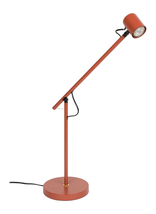 Tischlampe Aero in Rot mit verstellbarem Arm und runder Basis in Gesamtansicht.