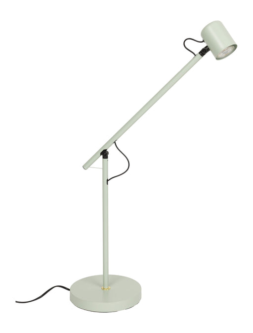 Tischlampe Aero in Grün mit verstellbarem Lampenarm und runder Metallfußplatte in Gesamtansicht.