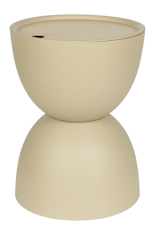 Beistelltisch Mara in Beige, Gesamtansicht mit kugelförmiger Oberseite und konischer Unterseite.