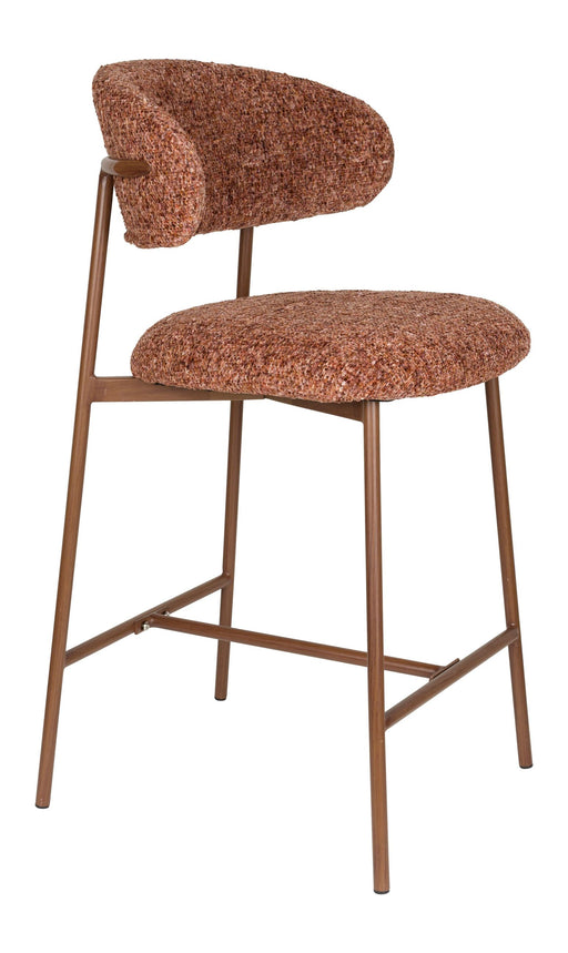 Barhocker Claes im 2er-Set, Terra mit rundlichem Rückenlehnen-Design und Eisengestell in Seitenansicht.