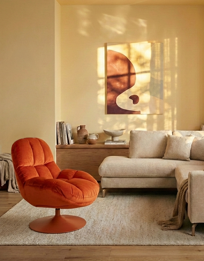 Loungesessel Beefy Orange, drehbar mit Samtstoff-Bezug und Metallfuß