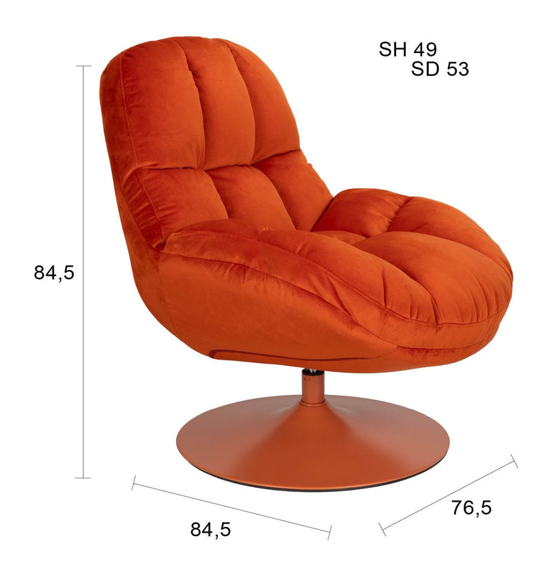 Loungesessel Beefy Orange, drehbar mit Samtstoff-Bezug und Metallfuß