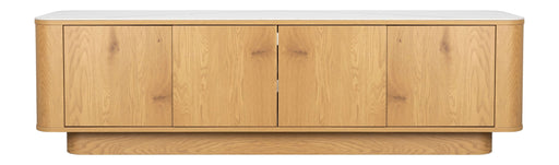 Sideboard Almira Low Eiche-Optik in Naturfarbe mit vier Türen und abgerundeten Ecken, Gesamtansicht von vorne.