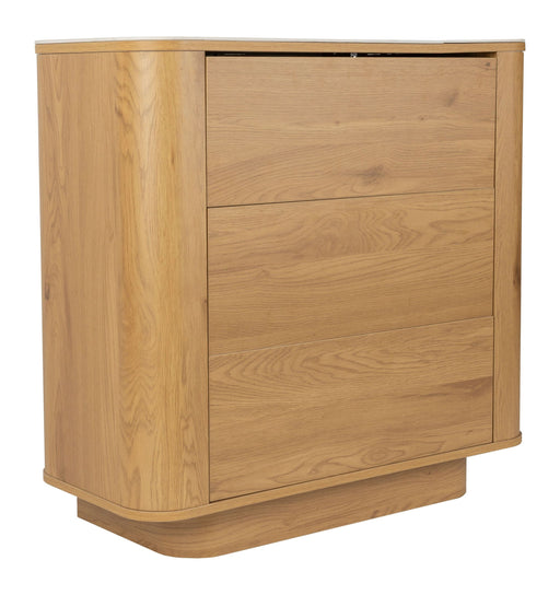 Schrank Almira Oak mit drei Schubladen in Eiche-Optik, Gesamtansicht aus schräger Perspektive mit gerundeten Ecken.