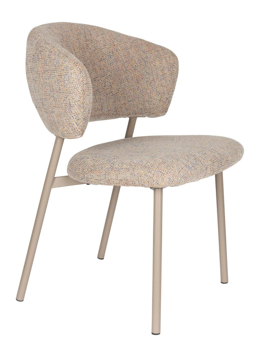 Esszimmerstuhl Jasmine im 2er-Set mit beigefarbenem Polsterbezug und Metallgestell in Beige, Gesamtansicht von vorne.