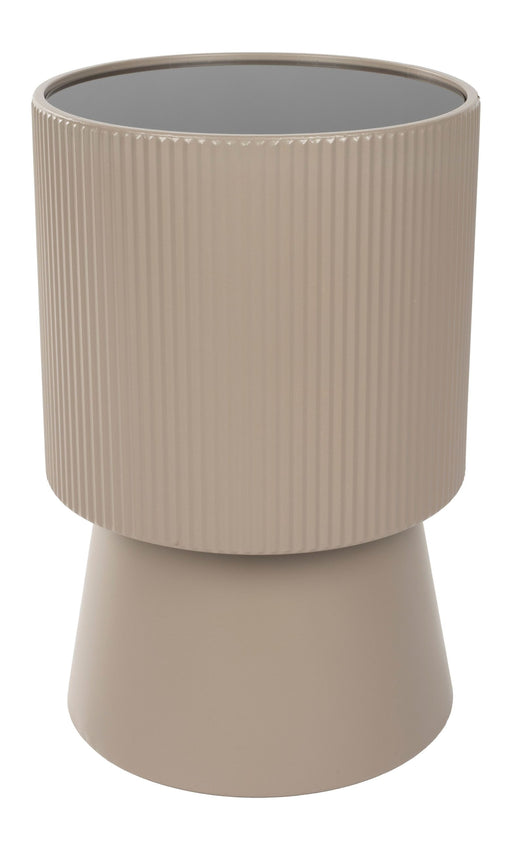 Beistelltisch Brian mit gerilltem Gestell in Beige und runder Rauchglas-Platte, Gesamtansicht.