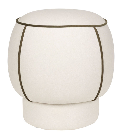 Hocker Marina in Weiß mit rundem Retro-Design und olivfarbener Kontrastnaht, Gesamtansicht.